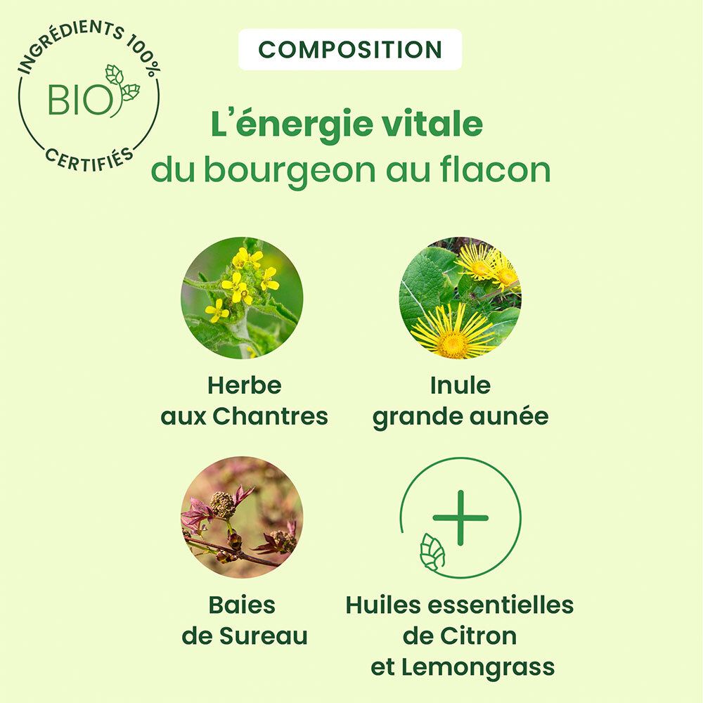 Composition: Herbe aux Chantres, Inule, Baies de Sureau, Huiles essentielles de Citron et Lemongrass. Bio.