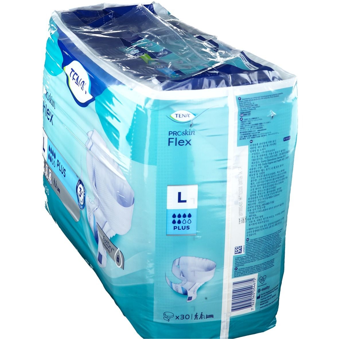 Dos de l'emballage TENA ProSkin Flex L. Emballage bleu avec image du produit et informations.