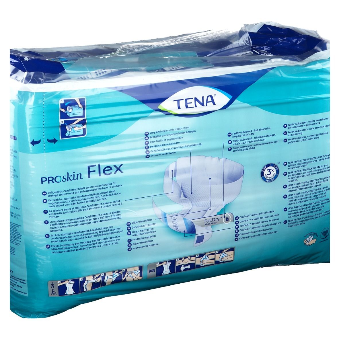 Dos de l'emballage TENA ProSkin Flex L. Emballage bleu avec image du produit et informations.