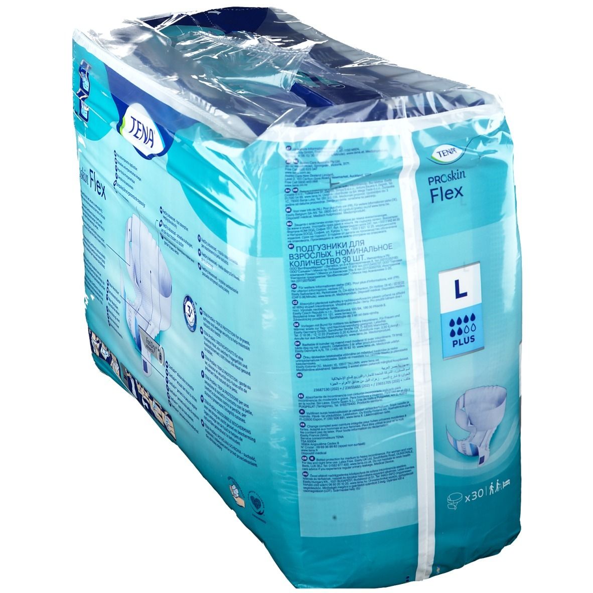 Emballage TENA ProSkin Flex L. Emballage bleu avec image du produit. Taille L, 30 unités.