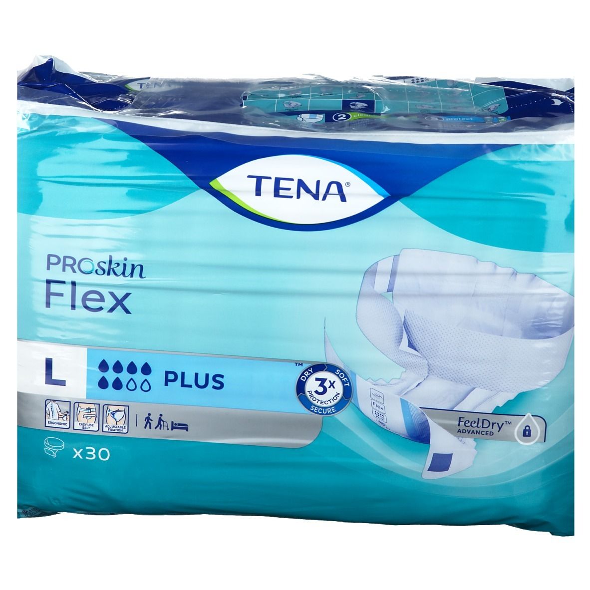 Emballage TENA ProSkin Flex L. Emballage bleu avec image du produit. Taille L, 30 unités.