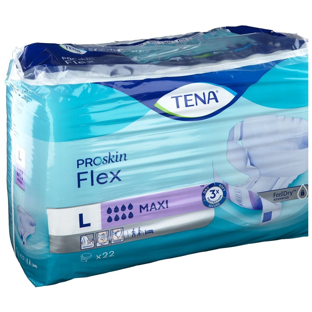 Paquet de Tena® Flex Maxi L. Emballage bleu et blanc, transparent. Inscriptions: Tena, Proskin Flex, L, Maxi, x22. Indicateurs d'humidité.