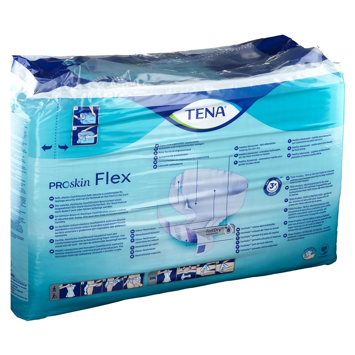 Paquet de Tena® Flex Maxi L. Emballage bleu et blanc, transparent. Inscriptions: Tena, Proskin Flex, L, Maxi, x22. Illustration du produit.