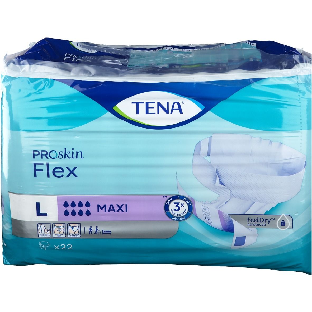 Paquet de Tena® Flex Maxi L. Emballage bleu et blanc, transparent. Inscriptions: Tena, Proskin Flex, L, Maxi, x22. Indicateurs d'humidité, 3x Secure.