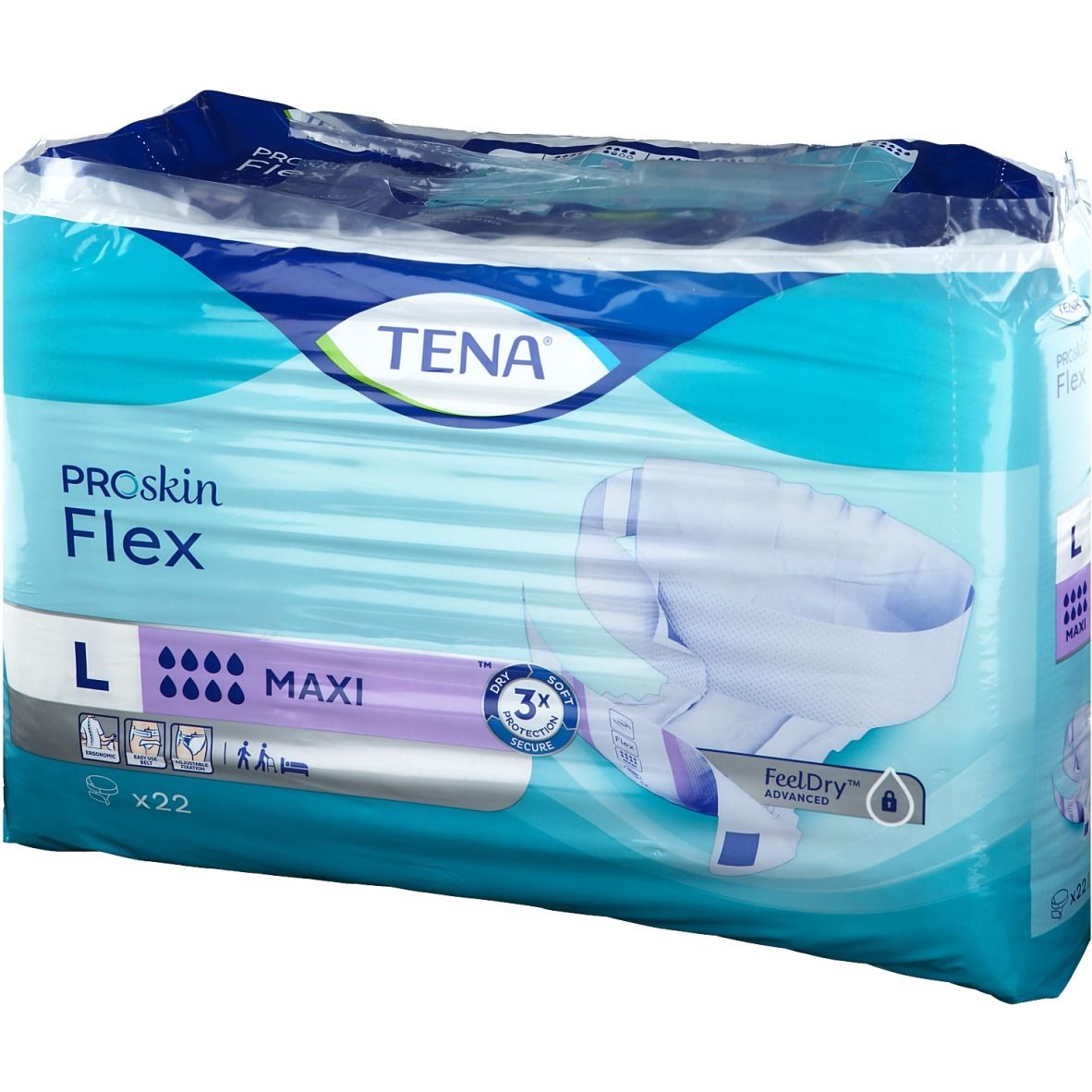 Paquet de Tena® Flex Maxi L. Emballage bleu et blanc, transparent. Inscriptions: Tena, Proskin Flex, L, Maxi, x22. Indicateurs d'humidité, 3x Secure.