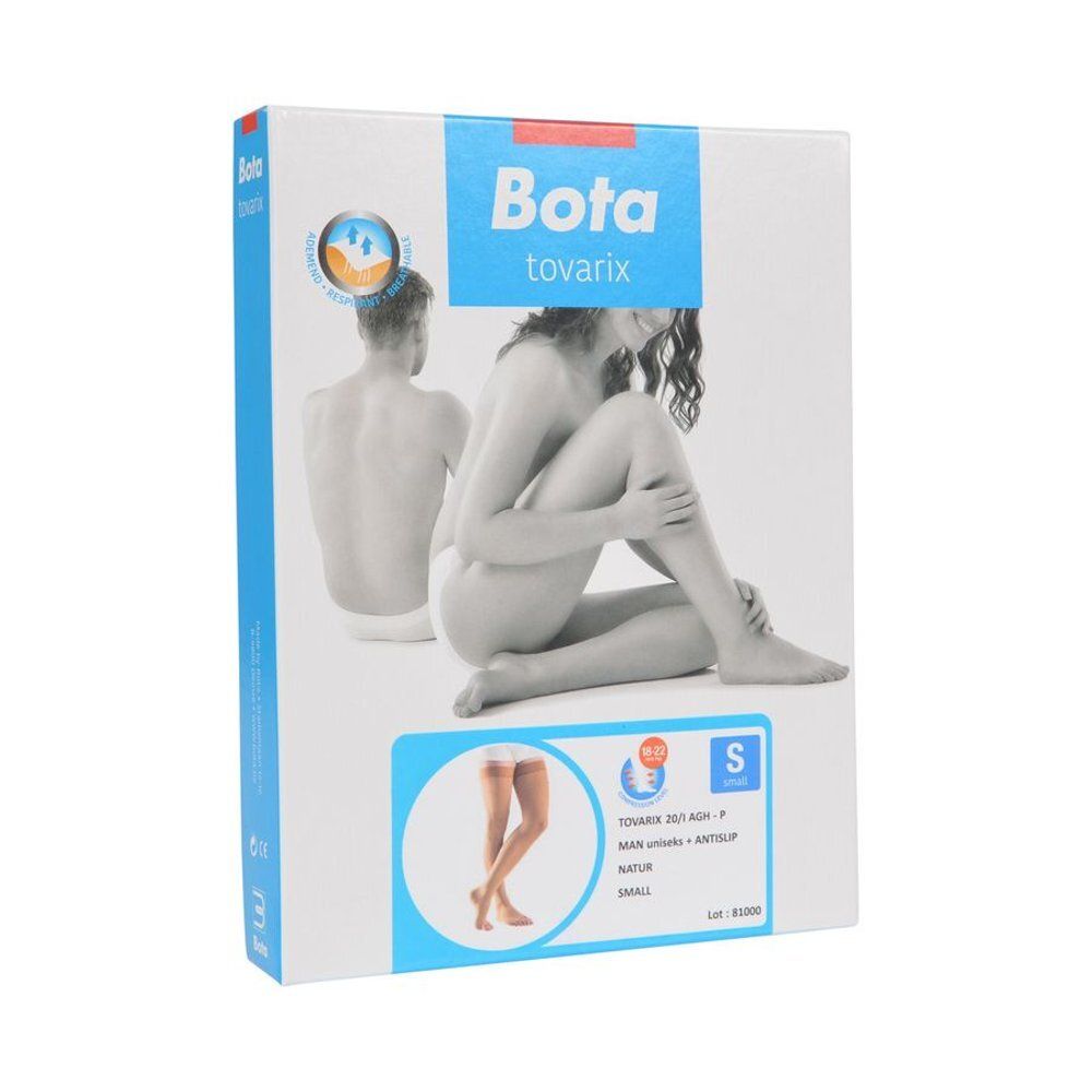Emballage Bota tovarix. Illustration d'une femme et d'un homme. Nom du produit, taille S et informations sur le produit.