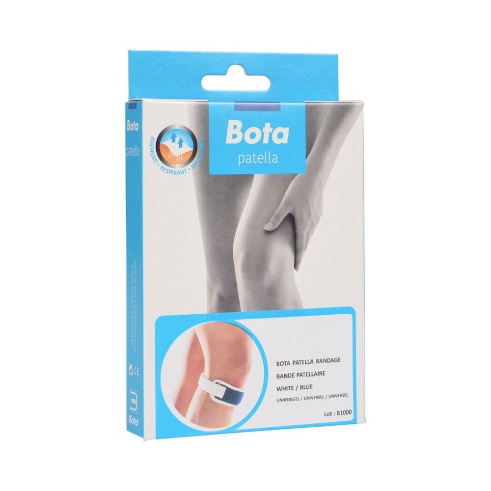 Genouillère blanche et bleue. Fixée au genou. Fermeture velcro.