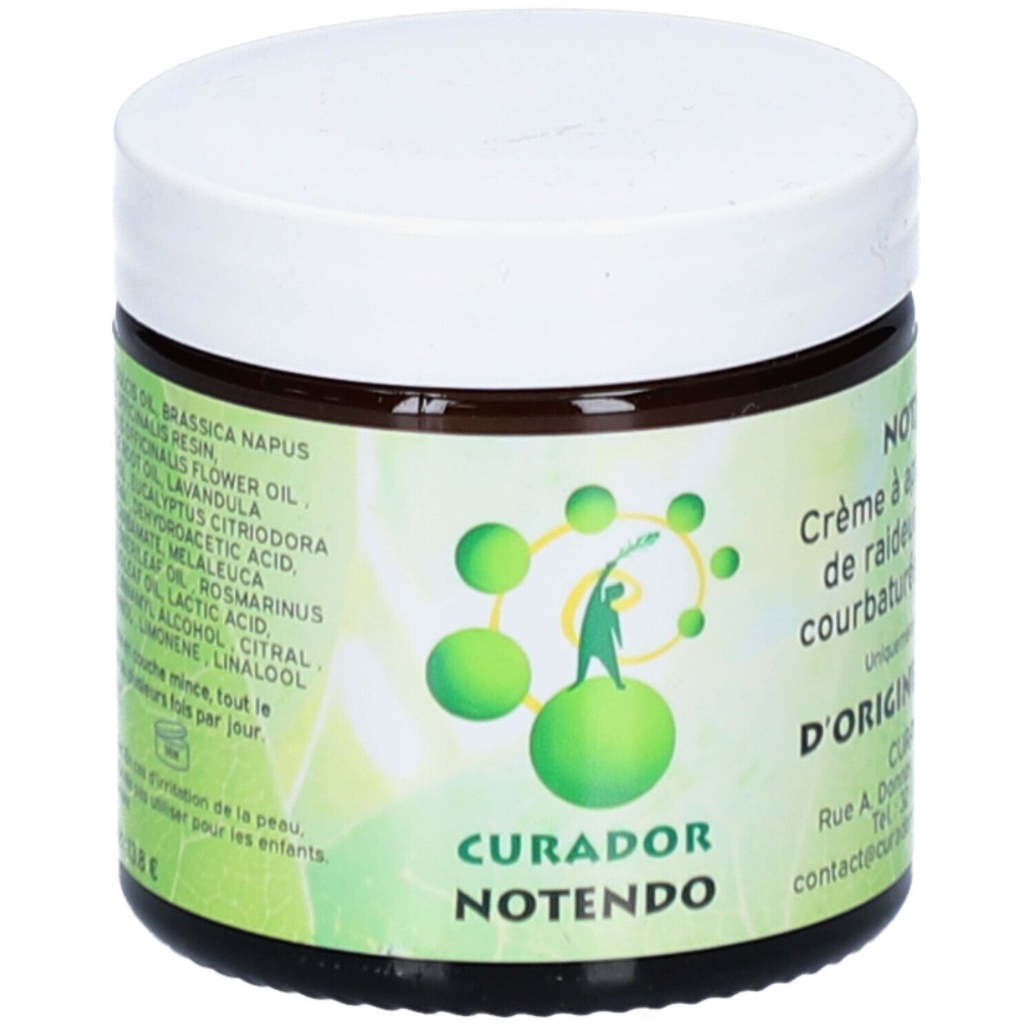 Pot de crème avec couvercle blanc. Autocollant avec texte: NOTENDO, CURADOR. Design vert.