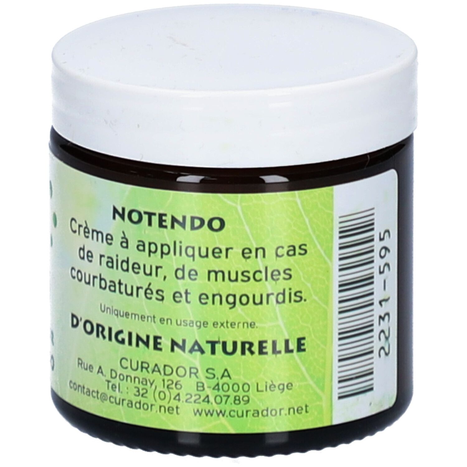 Pot brun avec couvercle blanc. Étiquette verte avec texte. Inscription: NOTENDO, D'ORIGINE NATURELLE.
