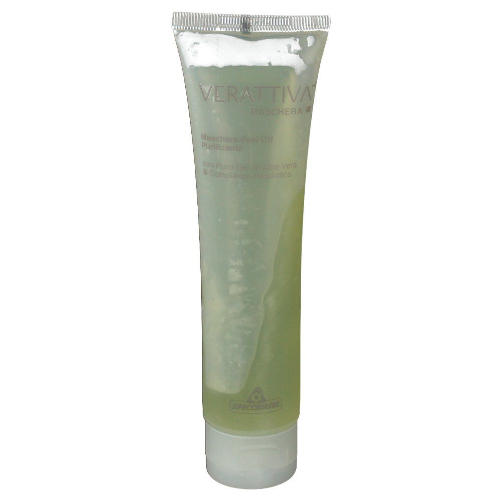 Tube transparent contenant un gel verdâtre. Inscription: Verattiva Maschera Peel Off Purificante. Avec Aloe Vera.