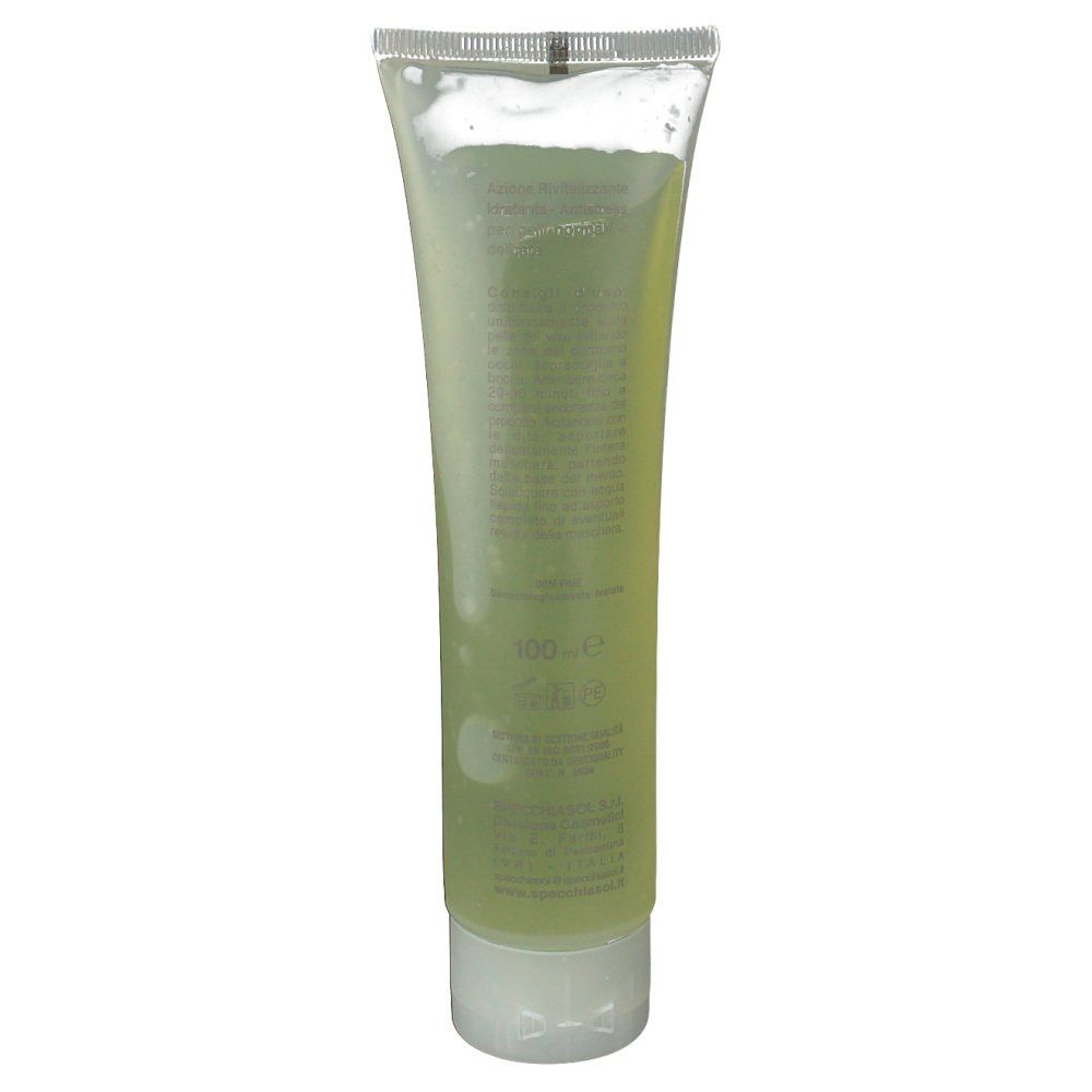 Dos d'un tube transparent avec gel verdâtre. Inscription: 100 ml. Informations sur le produit et logo.