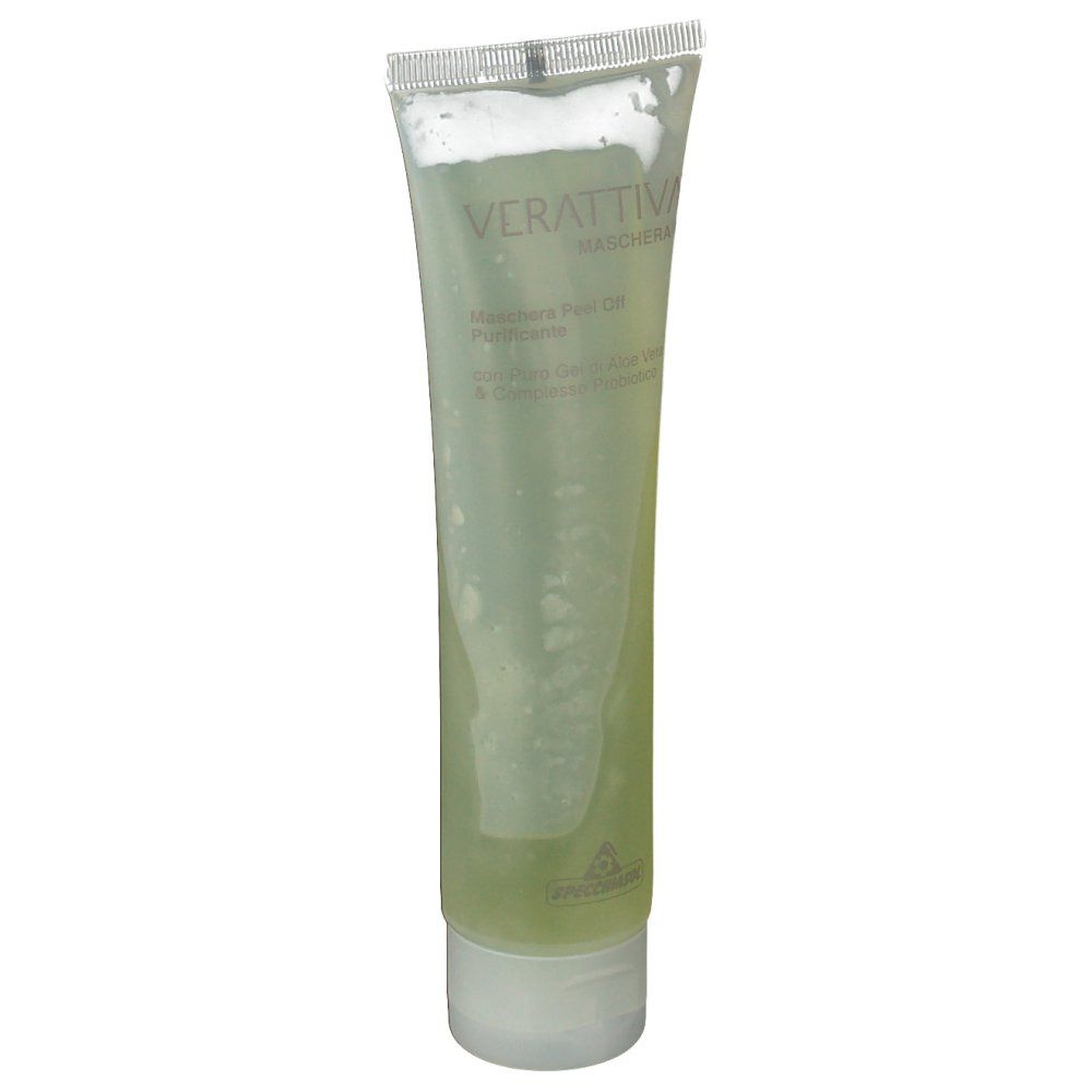 Tube transparent avec gel verdâtre. Inscription: Verattiva Maschera Peel Off Purificante. Avec Aloe Vera.