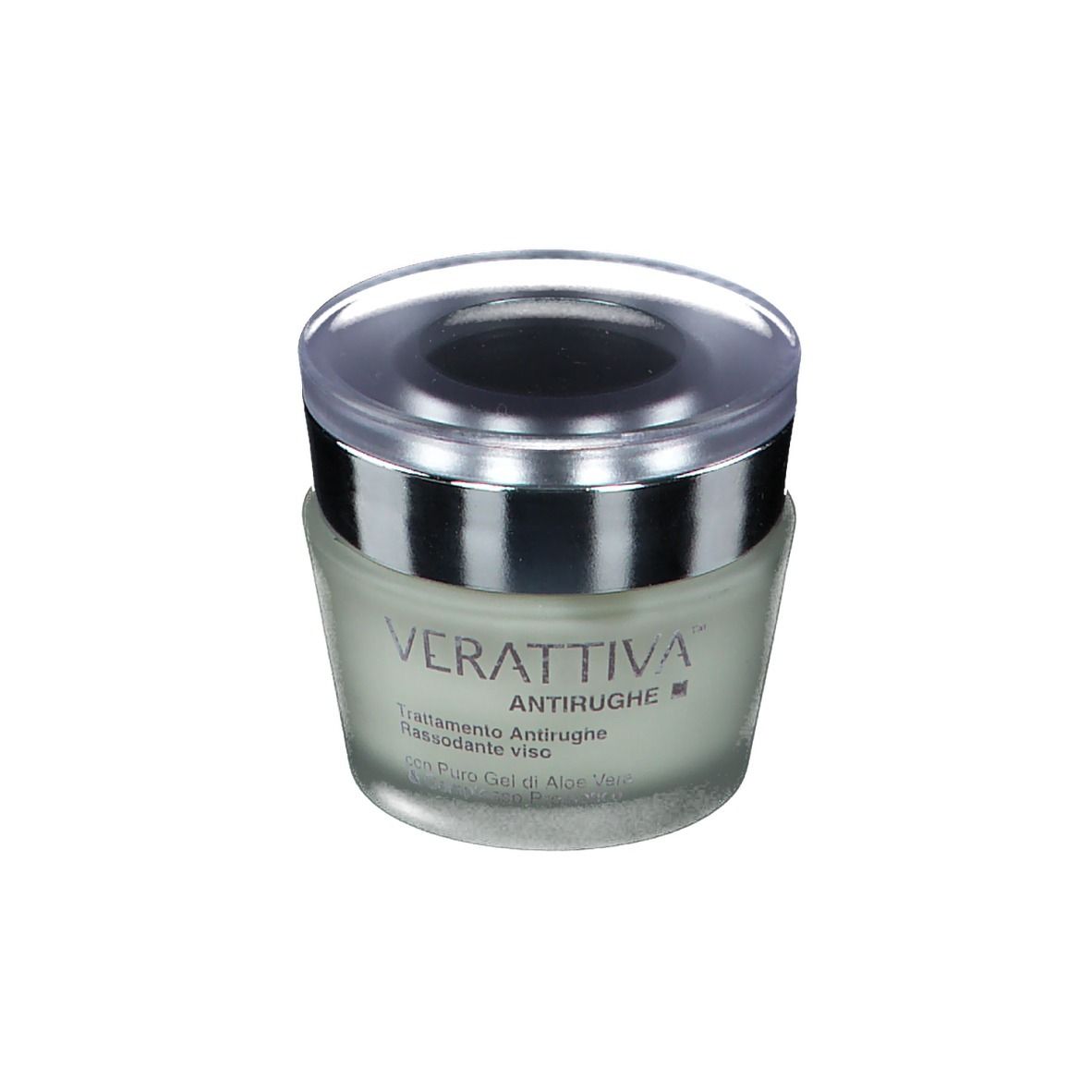 Pot de crème avec bord argenté et couvercle transparent. Inscription : Verattiva, Antirughe, Trattamento Antirughe, Rassodante viso.