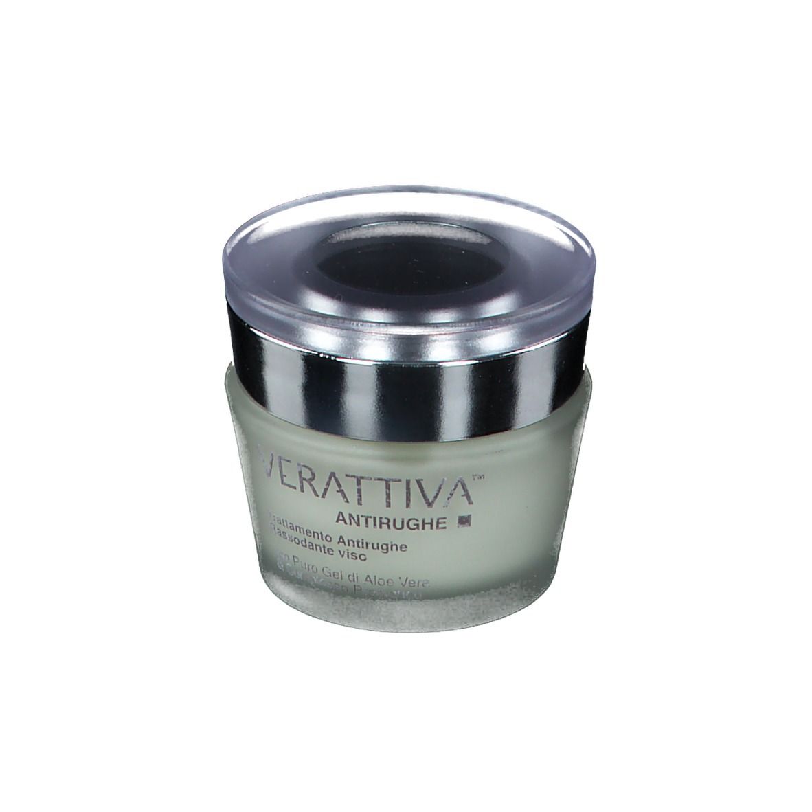 Pot de crème avec bord argenté et couvercle transparent. Inscription : Verattiva, Antirughe, Trattamento Antirughe, Rassodante viso.