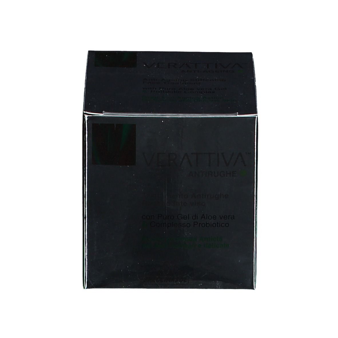 Emballage noir avec nom du produit et informations. Inscription : Verattiva, Antirughe, avec du gel d'aloe vera pur.