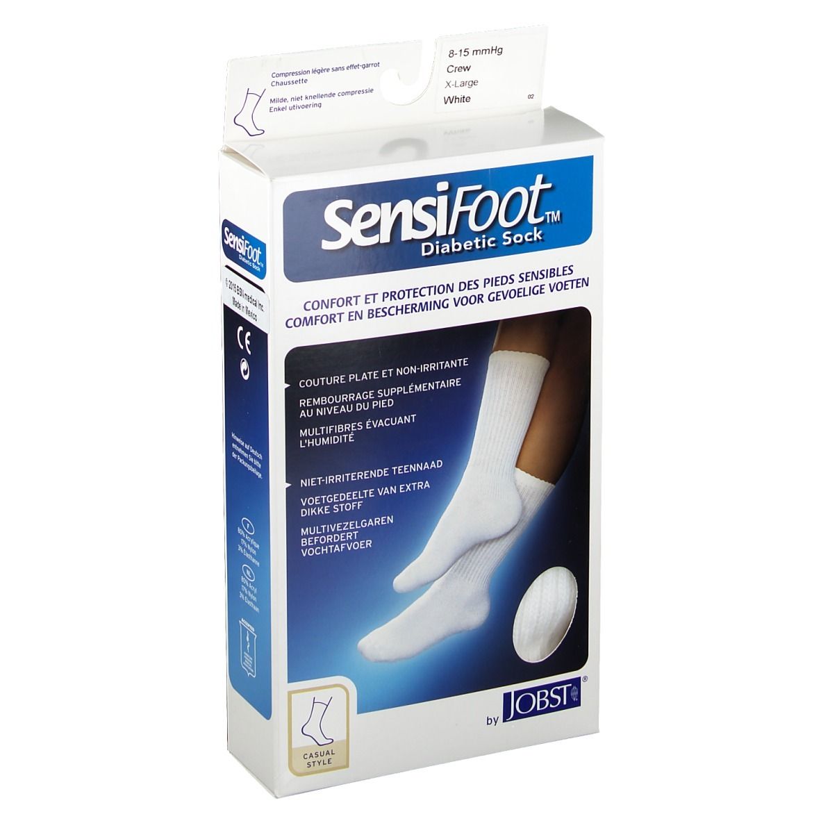 Chaussettes blanches dans emballage. Inscription: SensiFoot Diabetic Sock, marquage CE, logo Jobst. Taille XL, compression 8-15 mmHg.