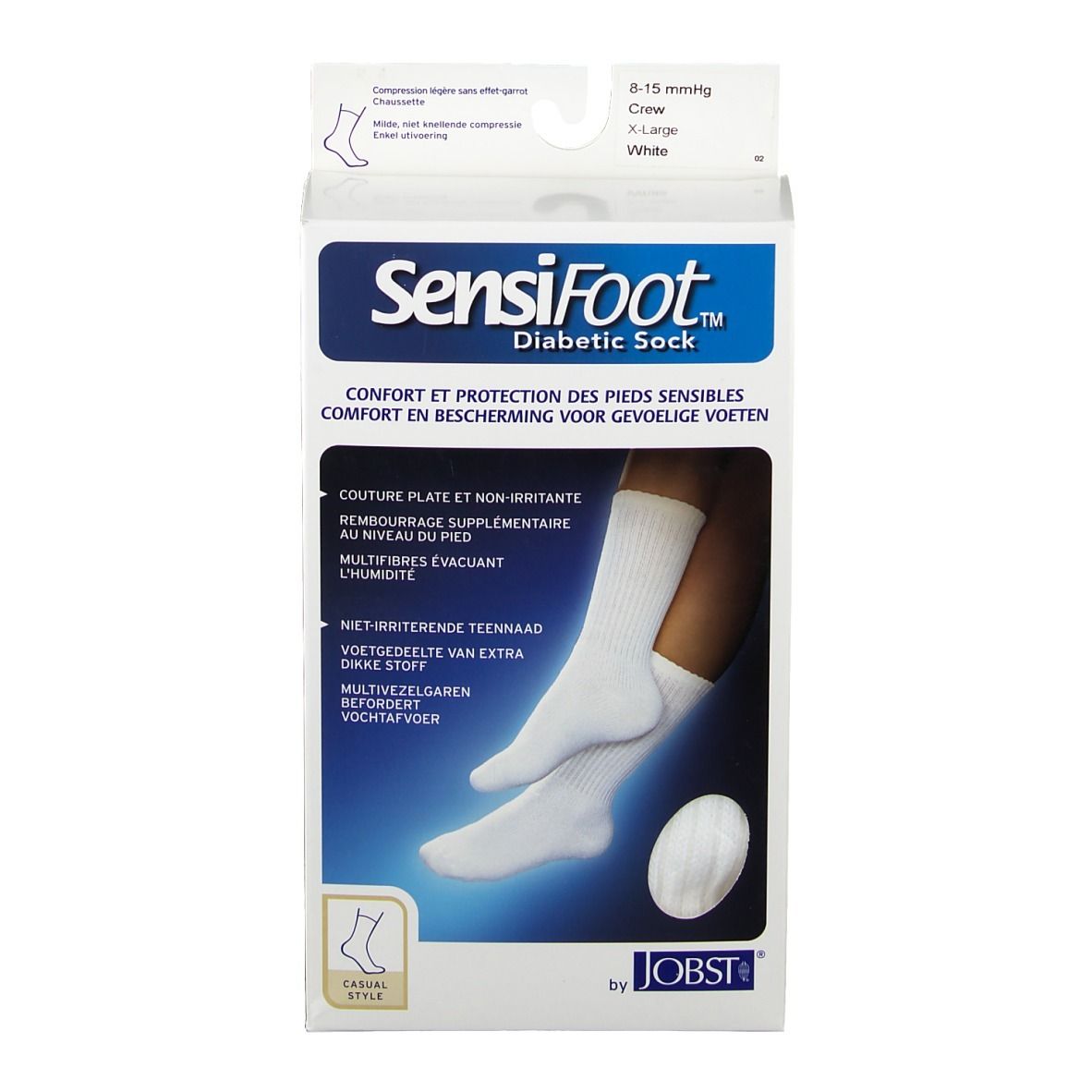 Chaussettes blanches dans emballage. Inscription: SensiFoot Diabetic Sock, marquage CE, logo Jobst. Taille XL, compression 8-15 mmHg.