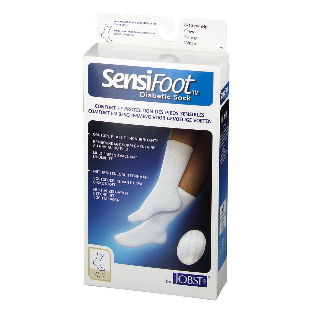 Chaussettes blanches dans emballage. Inscription: SensiFoot Diabetic Sock, marquage CE, logo Jobst. Taille XL, compression 8-15 mmHg.