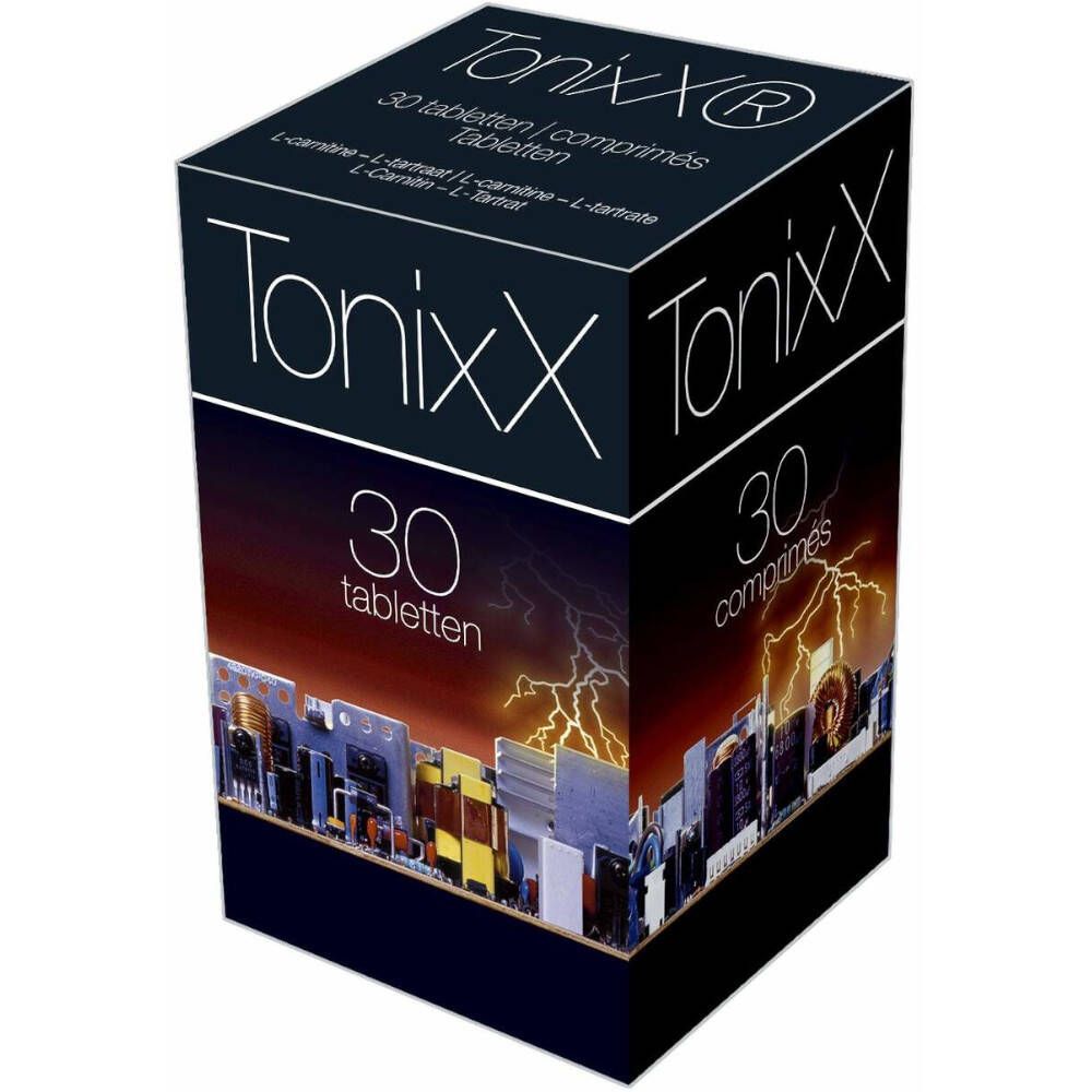Boîte noire avec logo "TonixX" et "30 comprimés". Fond: paysage urbain avec éclair.