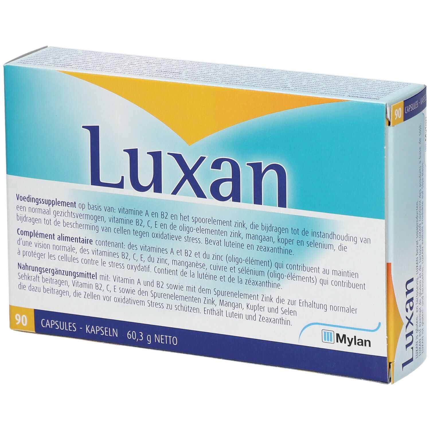 Boîte "Luxan" avec 90 capsules. Marque Mylan. Couleurs bleu, jaune et blanc. Texte en plusieurs langues.