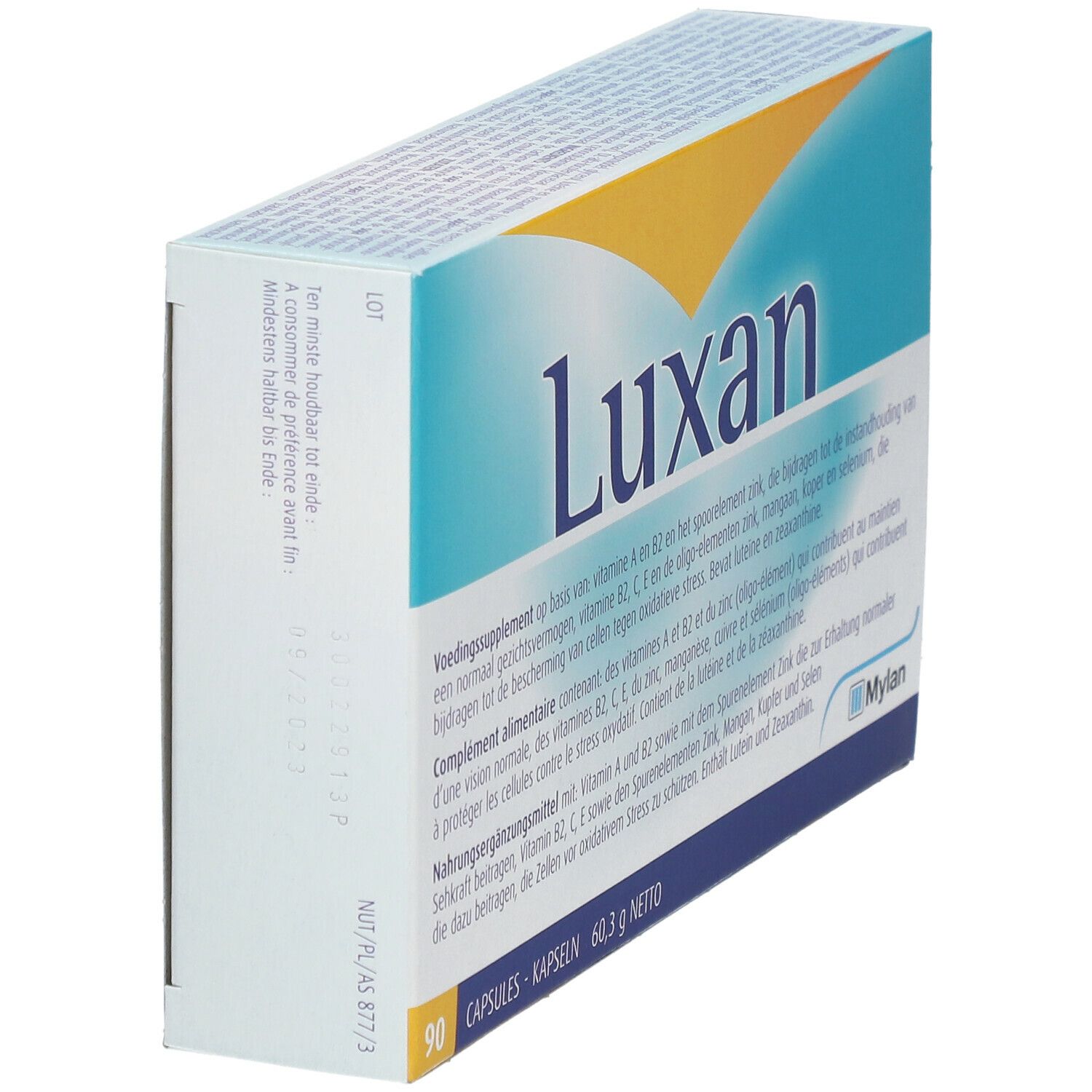 Vue oblique de l'emballage "Luxan". Contient 90 capsules. Marque Mylan. Couleurs bleu, jaune et blanc.