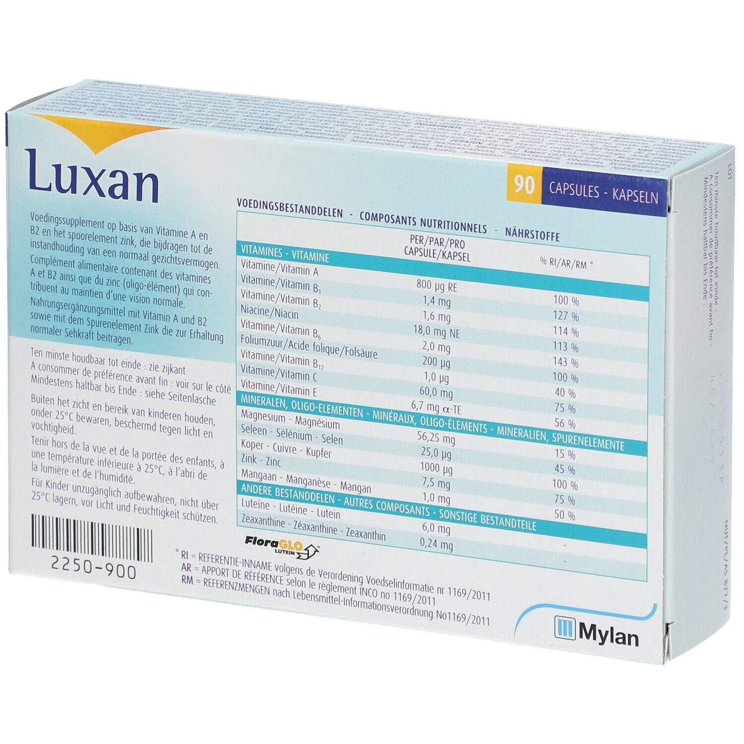 Dos de l'emballage "Luxan". Contient des informations nutritionnelles. Marque Mylan. Couleurs bleu, jaune et blanc.