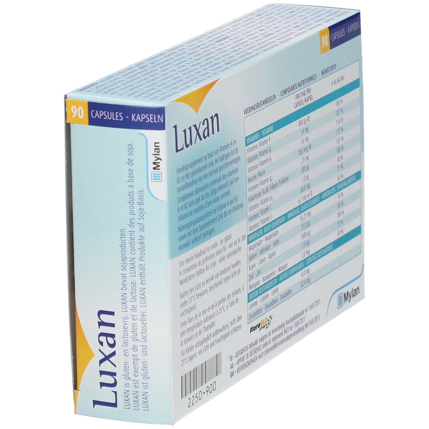 Vue oblique de l'emballage "Luxan". Contient des informations nutritionnelles. Marque Mylan. Couleurs bleu, jaune et blanc.