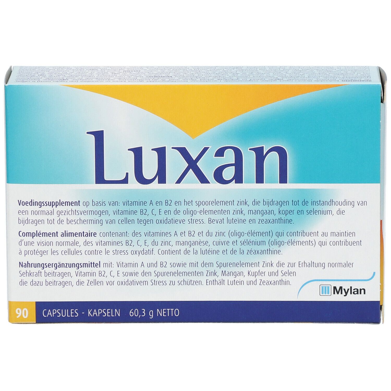 Boîte "Luxan" avec 90 capsules. Marque Mylan. Couleurs bleu, jaune et blanc. Texte multilingue.