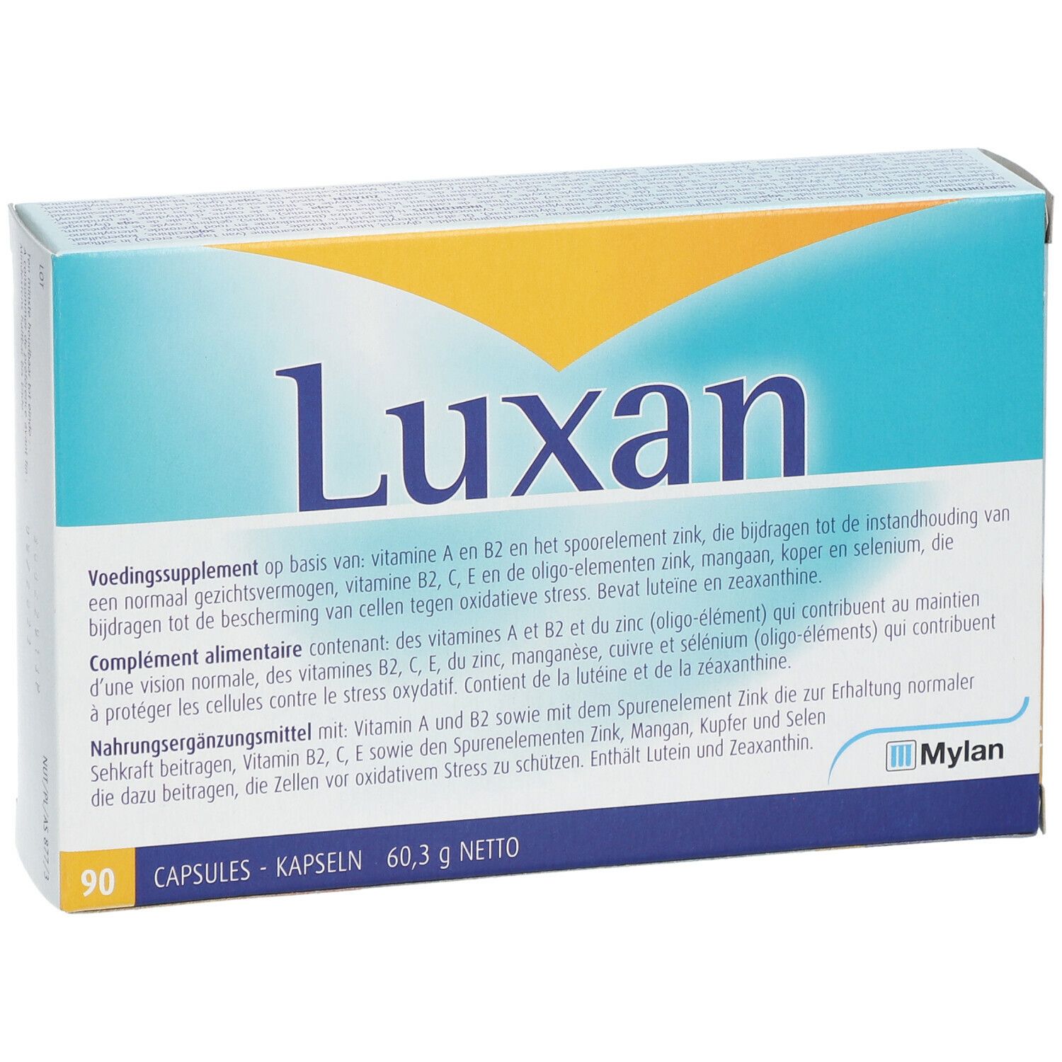 Boîte "Luxan" avec 90 capsules. Marque Mylan. Couleurs bleu, jaune et blanc. Texte multilingue.
