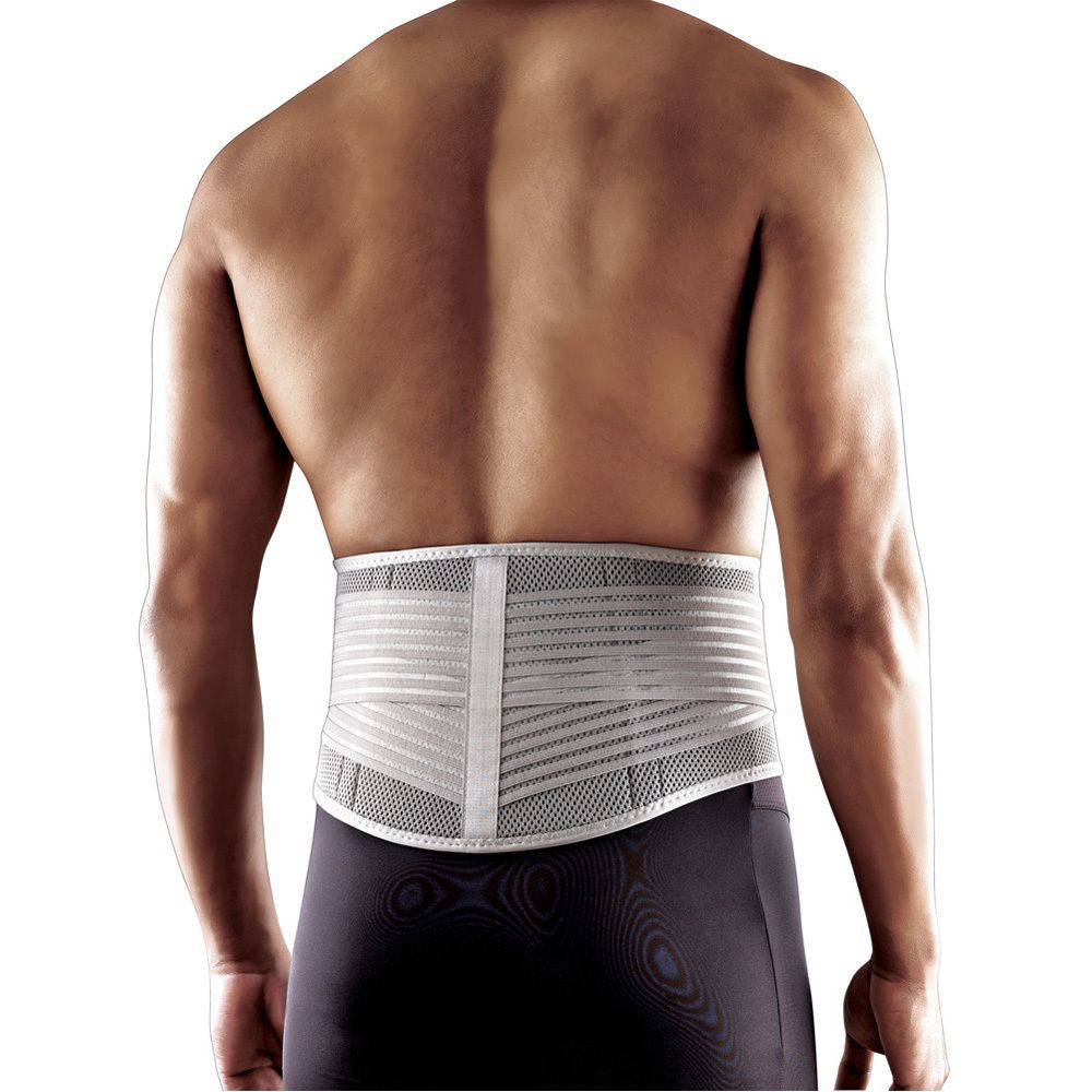 Dos de la ceinture lombaire 3M Futuro S/M. Ceinture grise avec caractéristiques numérotées.
