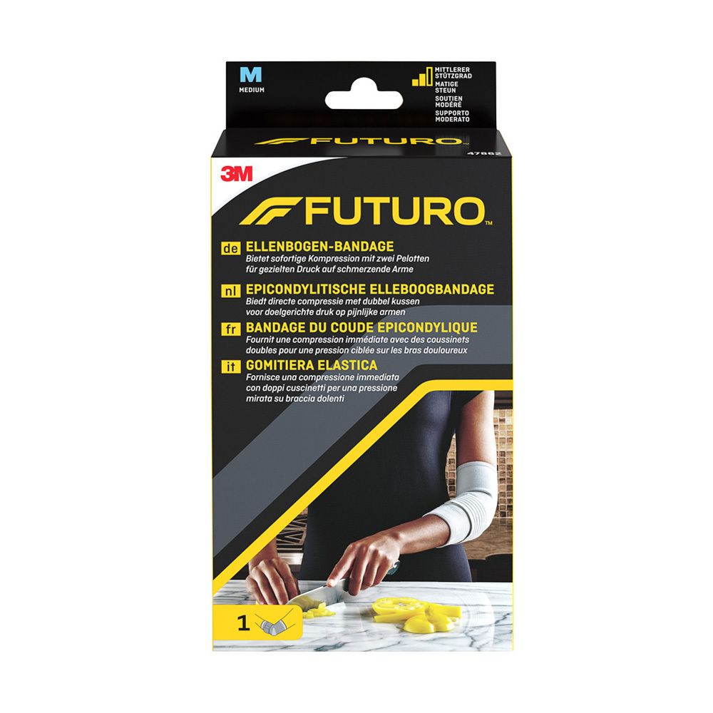 3M FUTURO, coudière taille M. Emballage avec produit et application. Textes en allemand, néerlandais, français, italien.