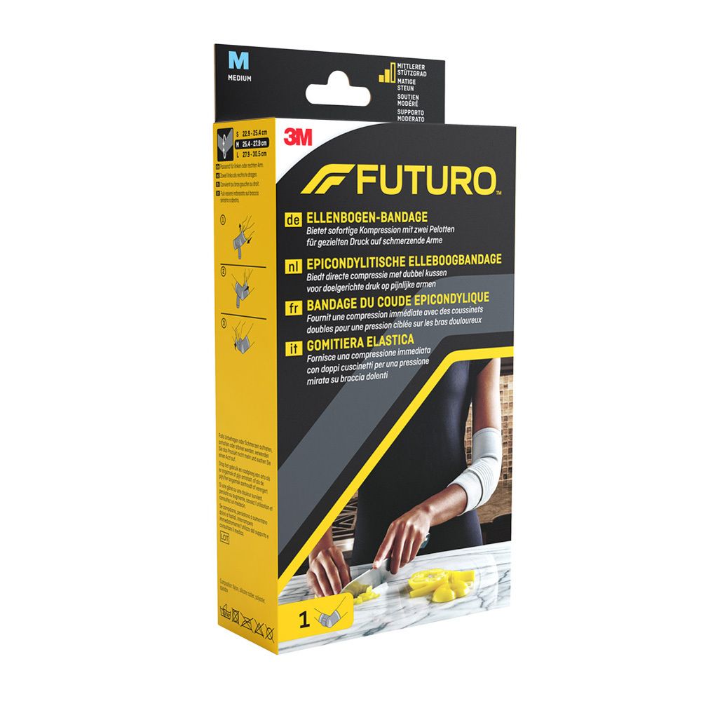 3M FUTURO, coudière taille M. Emballage avec produit et application. Textes en allemand, néerlandais, français, italien.