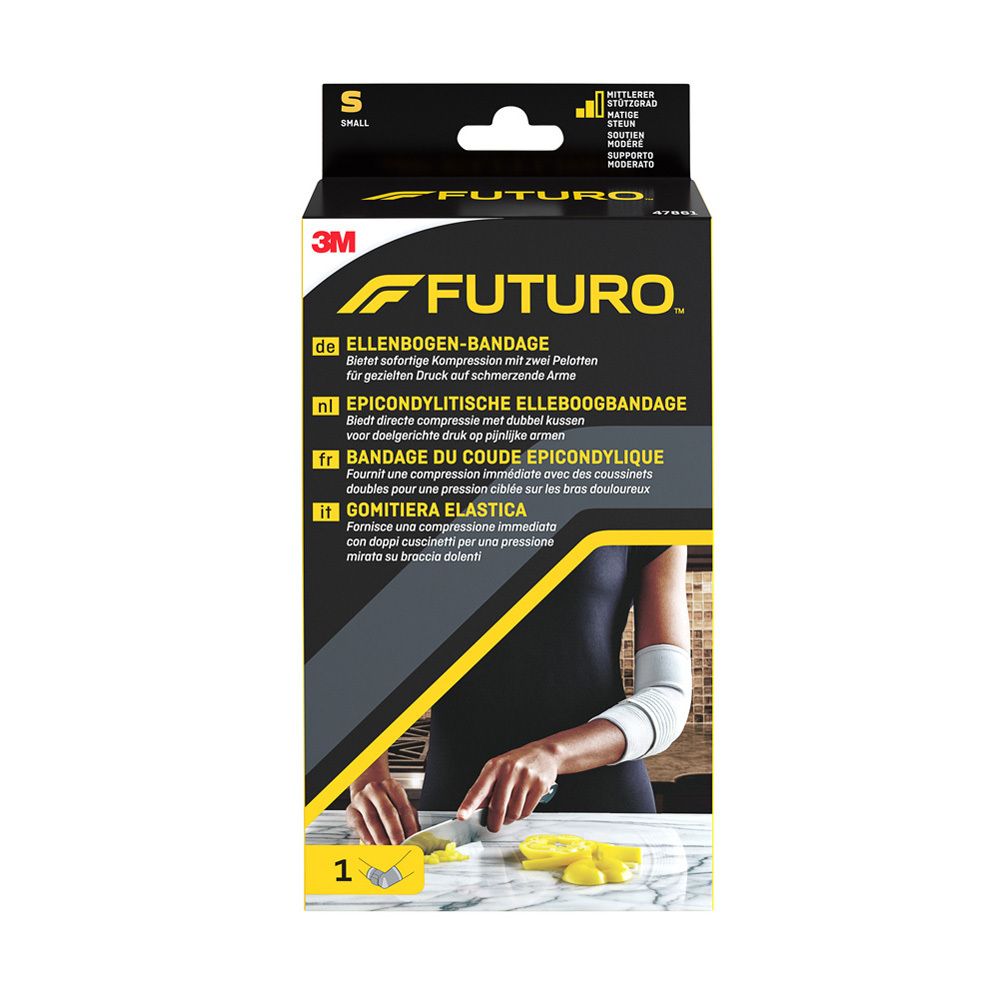 3M FUTURO Bandage de coude, taille S. Emballage avec image du produit et texte. Design jaune et noir.