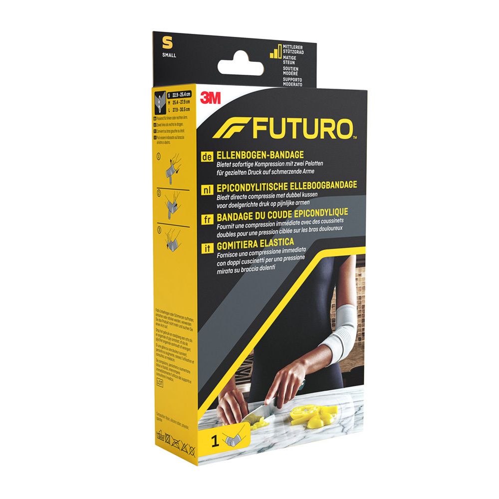 3M FUTURO Bandage de coude, taille S. Emballage avec image du produit et texte. Design jaune et noir.
