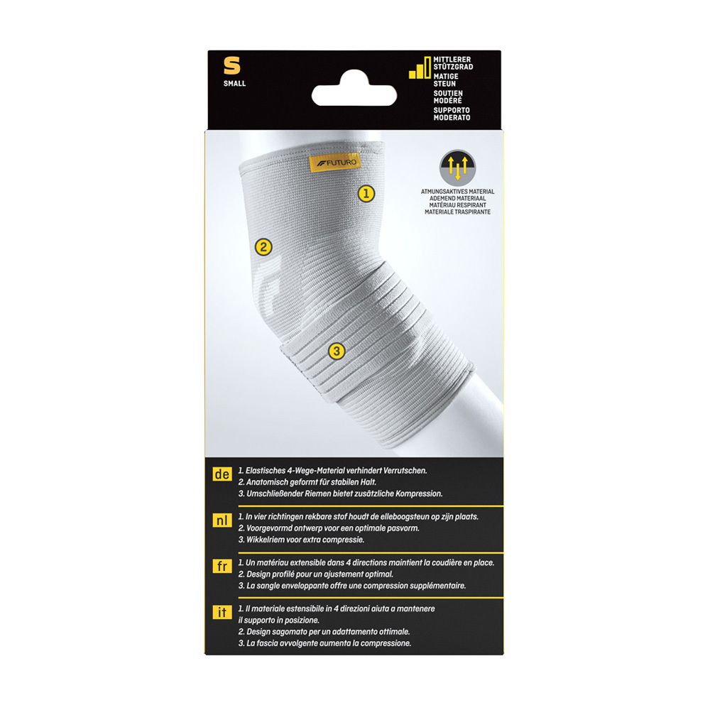 Dos de la bandage de coude FUTURO. Forme anatomique, matériau 4 directions. Informations sur les tailles et caractéristiques.