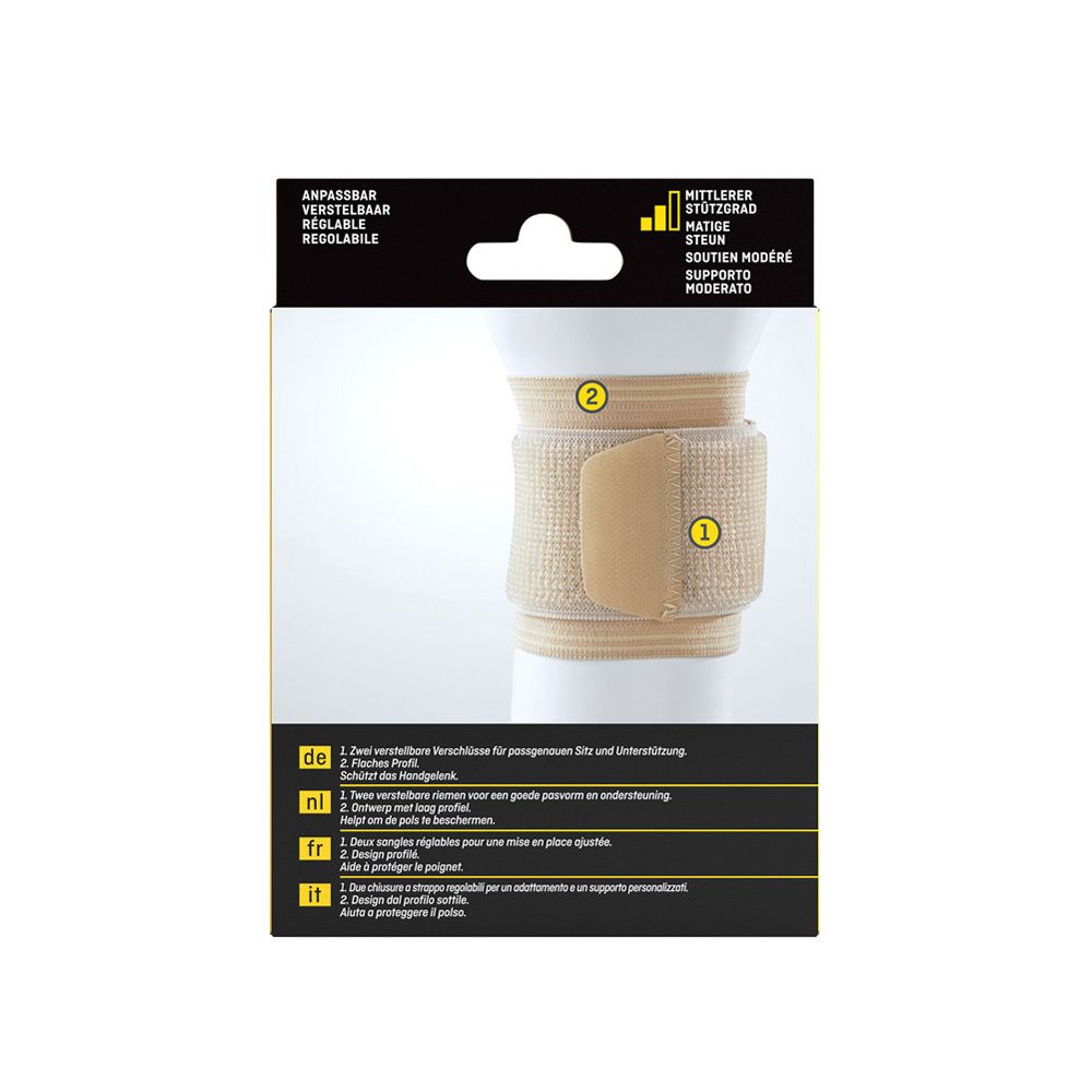3M™ Futuro™ Bandage poignet beige. Produit sur fond blanc. Deux fermetures velcro.