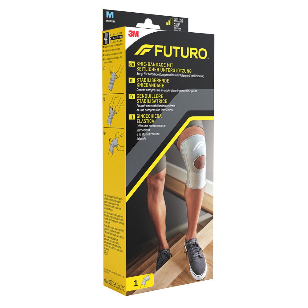 3M™ Futuro™ Sport Genouillère Stabilisateur, détail. Genouillère grise, avec ouverture pour la rotule.