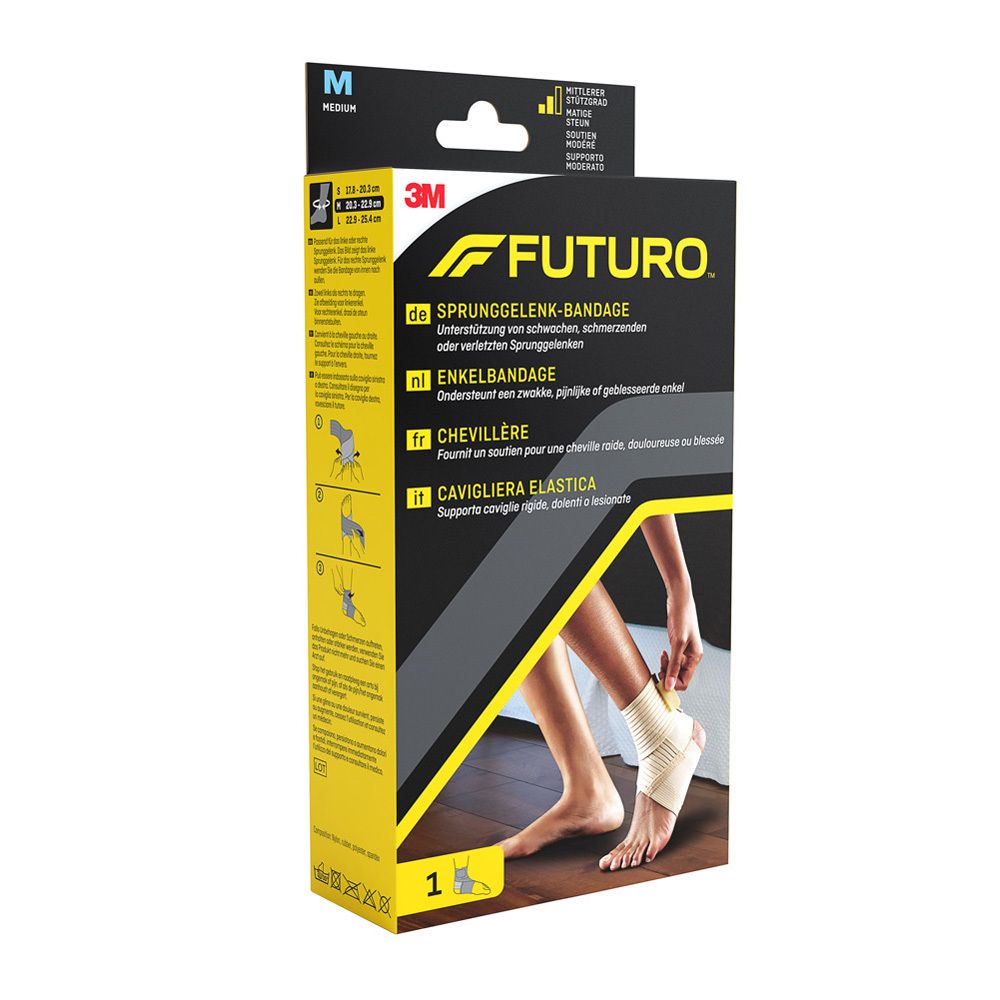 Chevillère Futuro™ taille M, en boîte. Bandage beige sur une jambe. Logos 3M et Futuro.