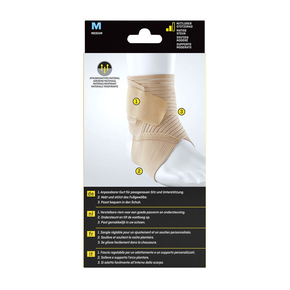 Dos de l'emballage. Chevillère Futuro™ taille M. Bandage beige. Description produit en 4 langues.