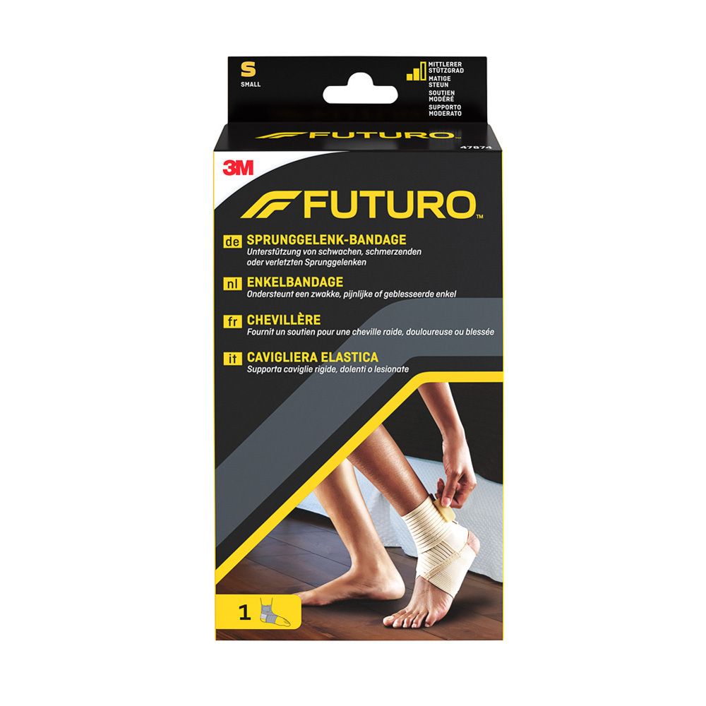 Chevillère Futuro, taille S. Bandage beige sur pied, en emballage. Logos 3M et Futuro.
