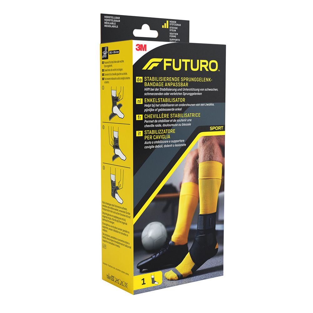 3M™ Futuro™ Sport attelle de cheville dans l'emballage. Noir et jaune. Illustration du produit et instructions.