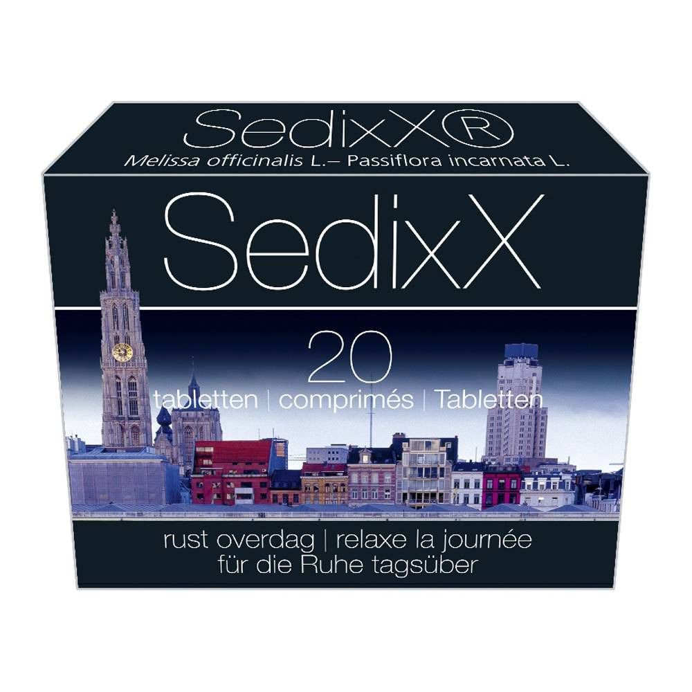 Boîte de comprimés SedixX. Fond noir avec paysage urbain. Contient 20 comprimés. Texte en allemand, français et néerlandais.
