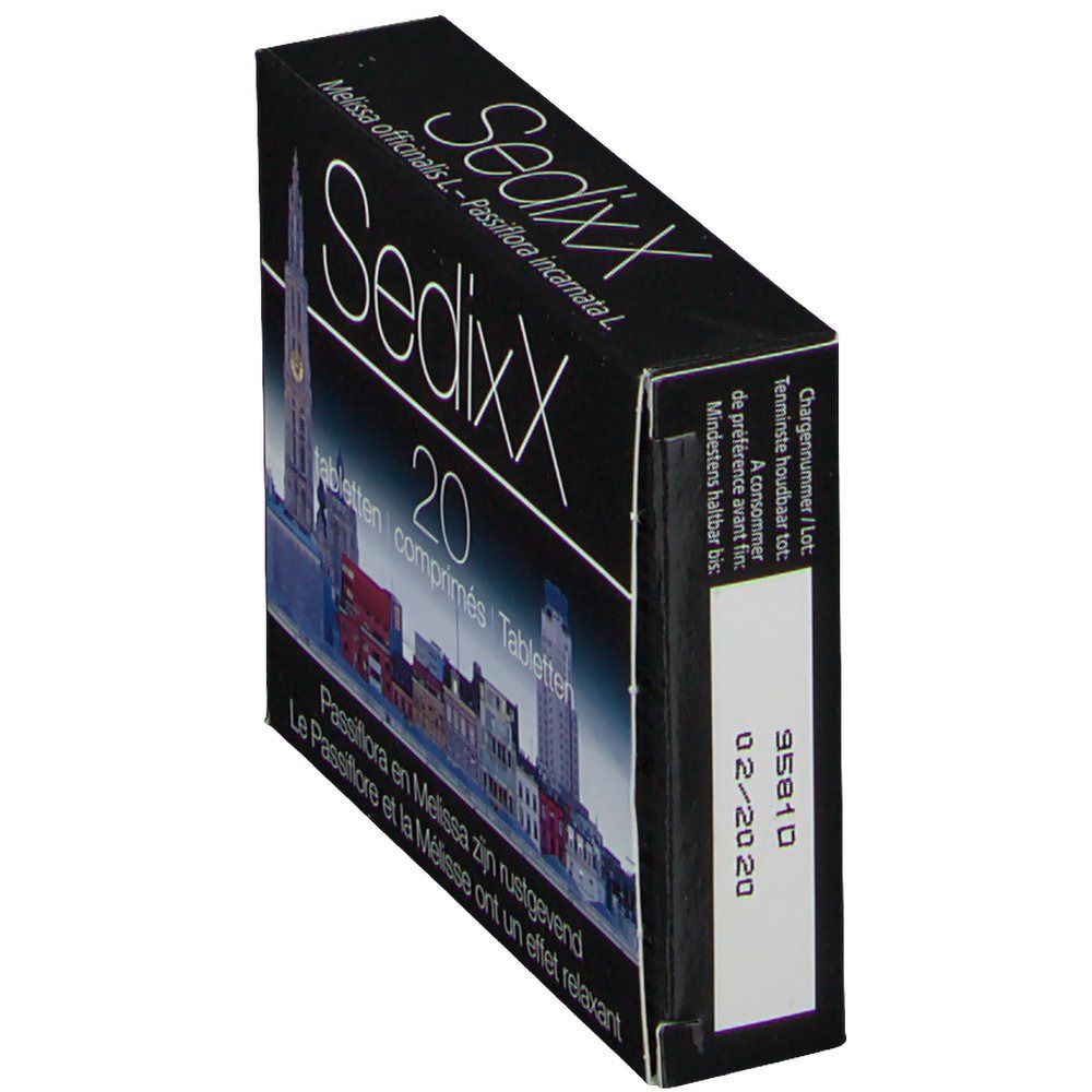 Boîte noire SedixX, 20 comprimés. Paysage urbain. Date 02-2020. Texte en allemand, français et néerlandais.