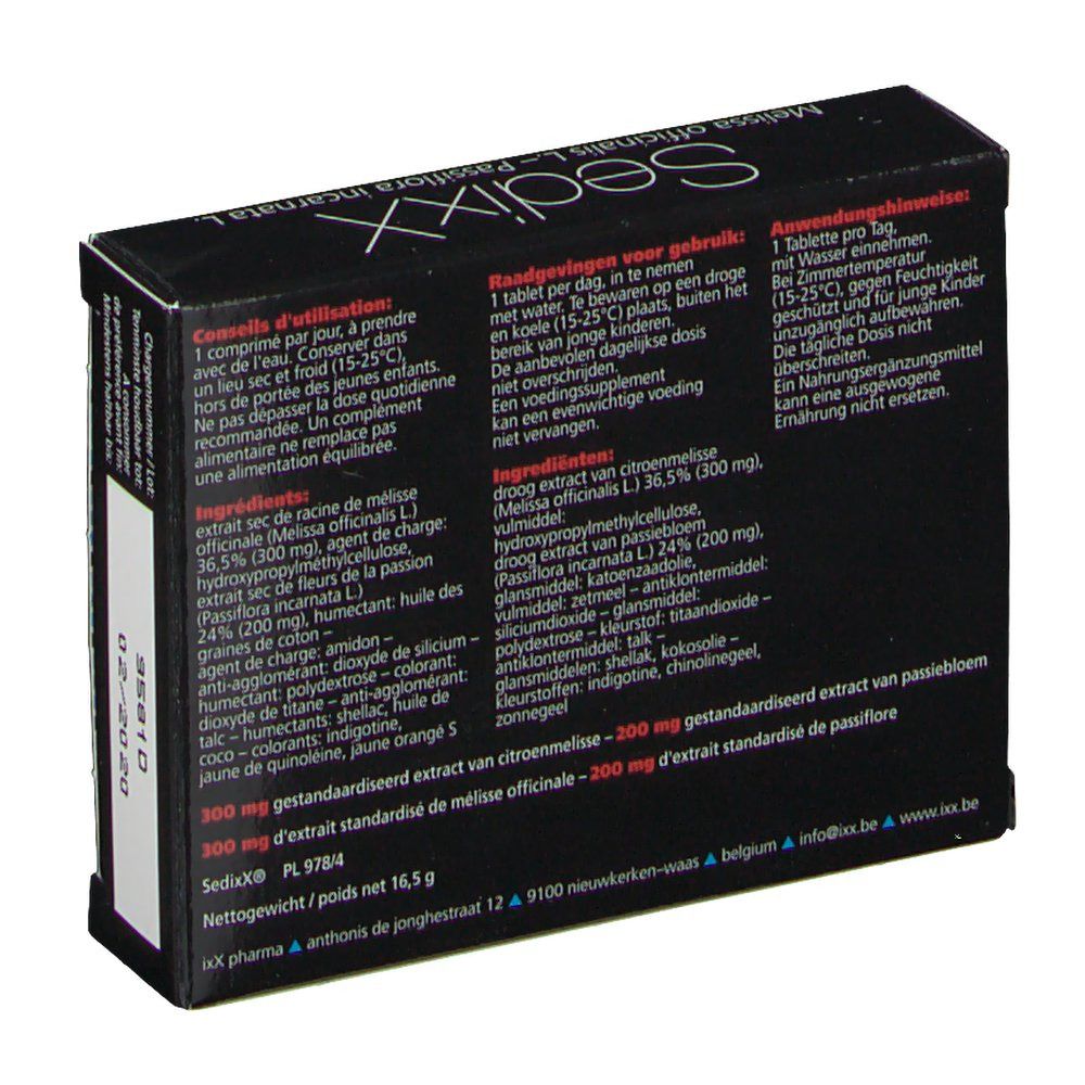 Dos de la boîte SedixX. Contient des informations sur les ingrédients et l'utilisation. Texte en plusieurs langues.