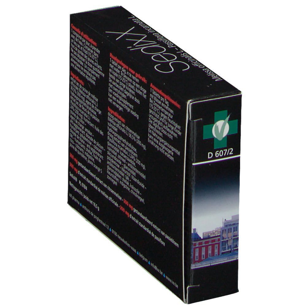 Côté de la boîte SedixX avec informations. Logo vert et blanc. Texte en plusieurs langues.