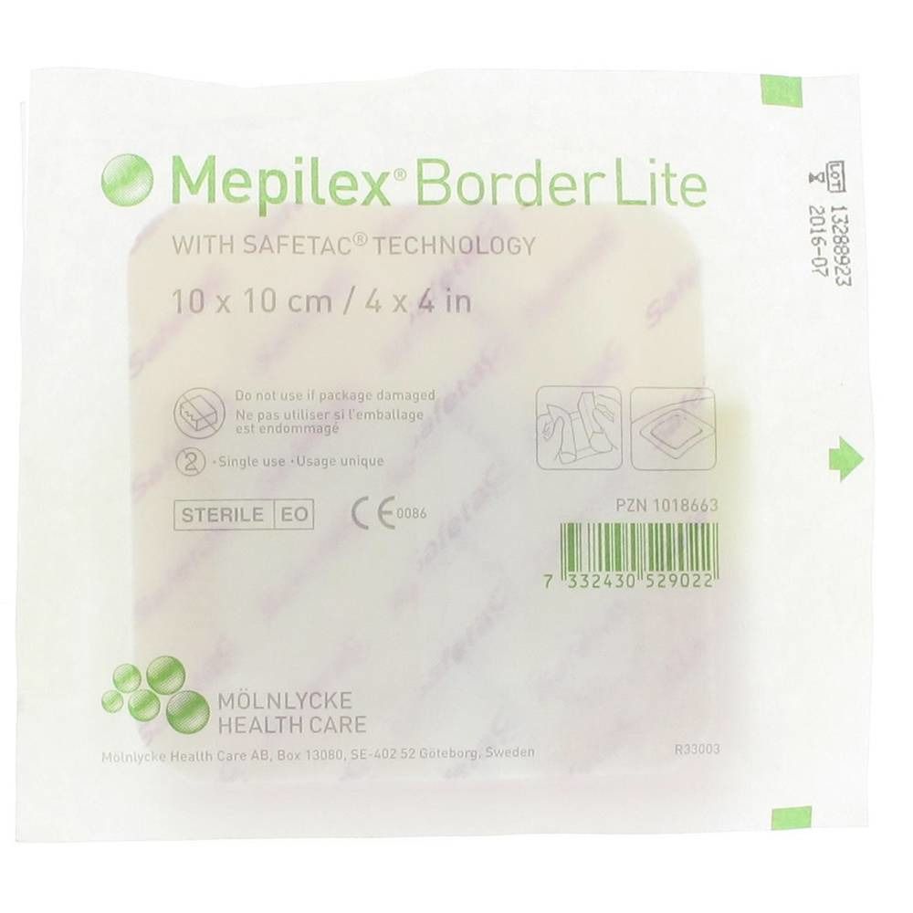 Emballage Mepilex Border Lite 10 x 10 cm. Pansement stérile en sachet. Inscriptions: nom du produit, taille, stérilité.