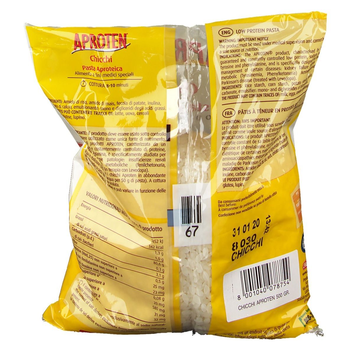 Emballage jaune avec texte. Inscription : APROTEN Chicchi, Pasta Aproteica. Contient des informations nutritionnelles et un code-barres.