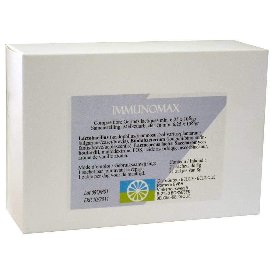 Boîte blanche avec informations produit. Inscription: IMMUNOMAX. Contient 21 sachets. Expiration 10/2011.