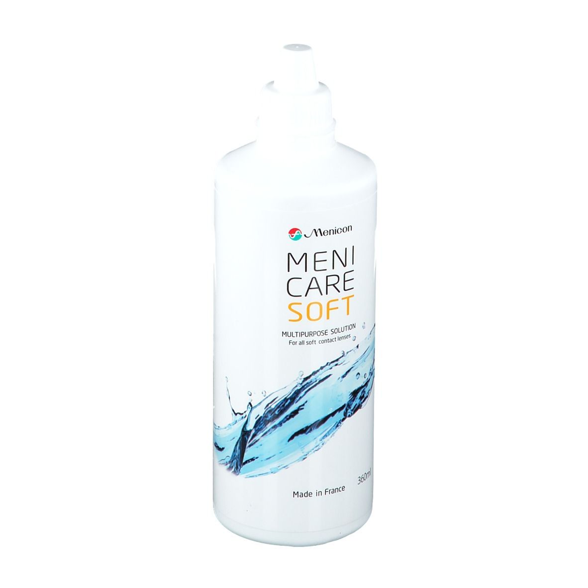 Flacon blanc Menicon Meni Care Soft. Inscription: Multi-Purpose Solution. Design eau. Fabriqué en France.