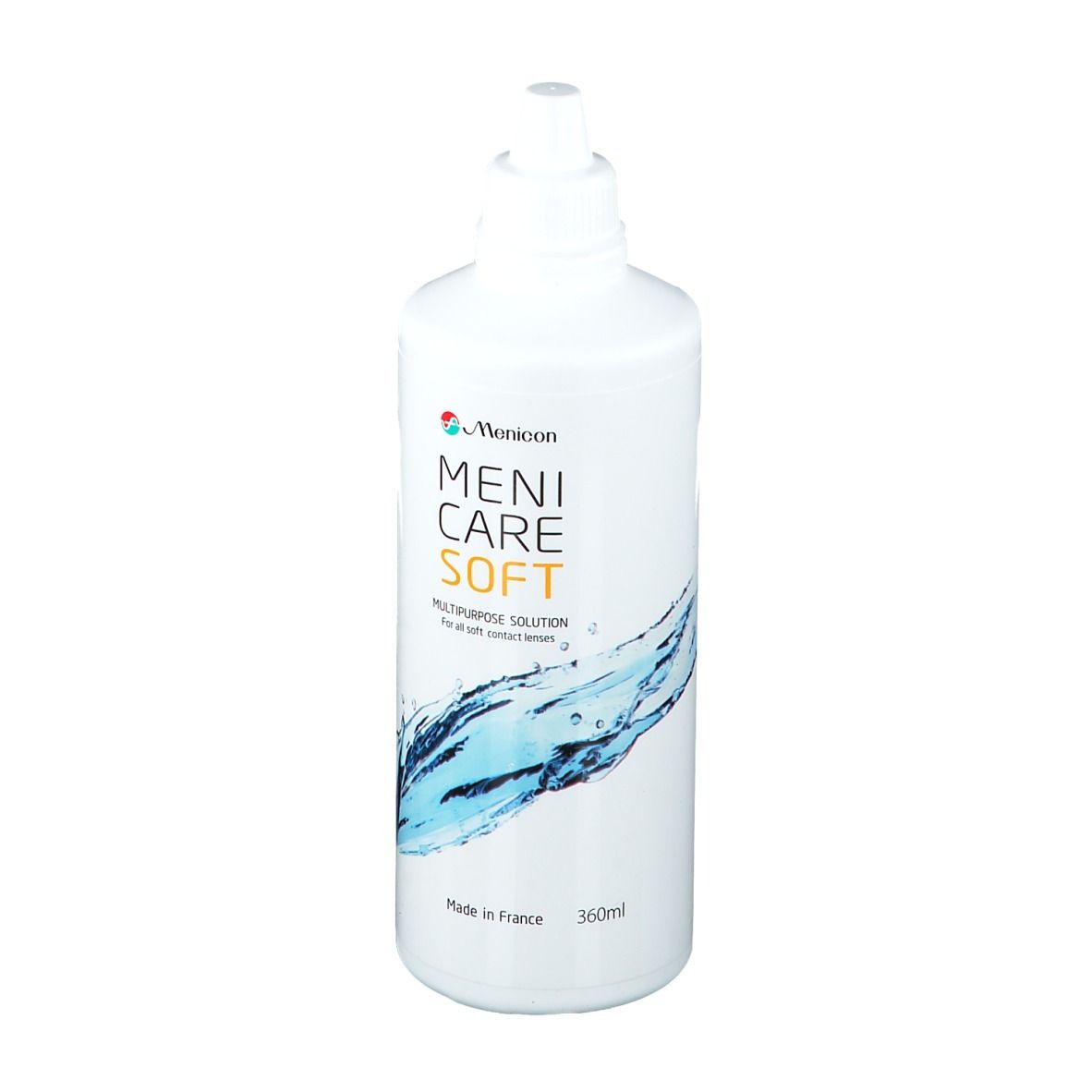 Flacon blanc Menicon Meni Care Soft. Inscription: Multi-Purpose Solution. Design eau. 360ml.